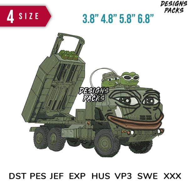 Pepe the Frog driving military truck embroidery design in 4 sizes, DST PES JEF formats