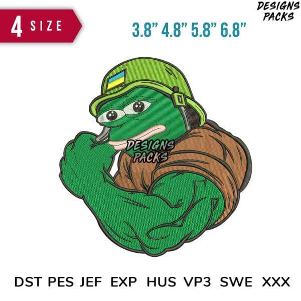 Muscular frog in helmet with Ukraine flag, embroidery design in multiple sizes and formats