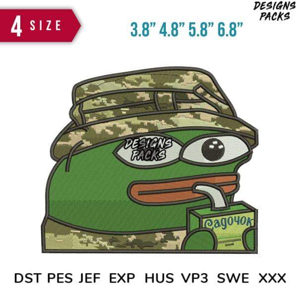 Embroidery design of Pepe the Frog in military hat, 4 sizes, DST PES JEF formats