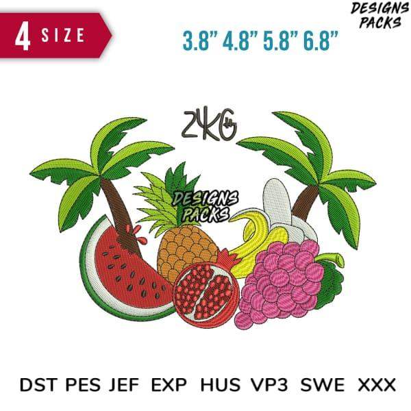 Tropical fruit embroidery design with palm trees, watermelon, pineapple, banana, and grapes in 4 sizes