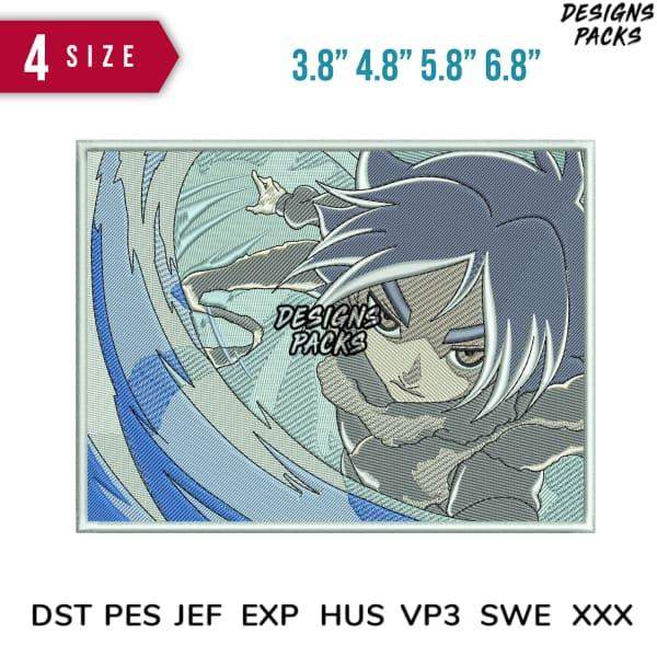 Anime-style embroidery design with dynamic blue swirls, available in 4 sizes and multiple file formats