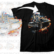 A black t-shirt printed with a vintage muscle car graphic in front of a gas station.