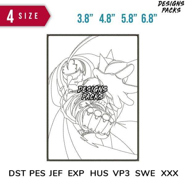 Anime-style embroidery design with 4 size options, compatible with DST PES JEF formats