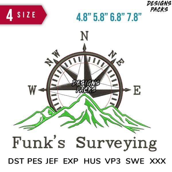 Funk's Surveying embroidery design with compass and mountains, available in DST PES JEF formats