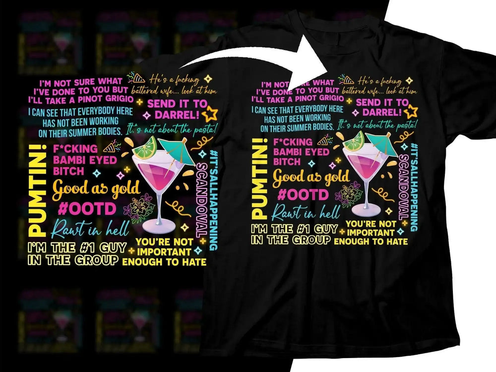 Black t-shirt with colorful cocktail-themed quotes and hashtags, perfect for fun summer outfits.