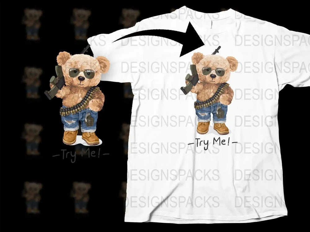 Funny Armed Teddy Bear Design Men's Graphic Png Digital Download