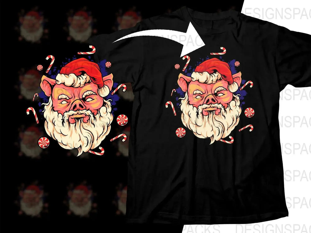 Funny Christmas Santa Pig in Red Hat Png Digital Download