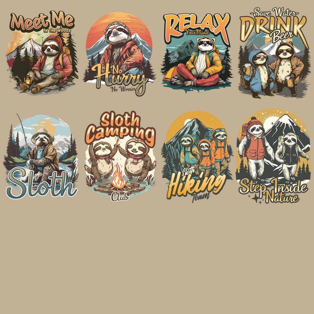 19 Funny Summer Camping Sloth Designs Bundle PNG