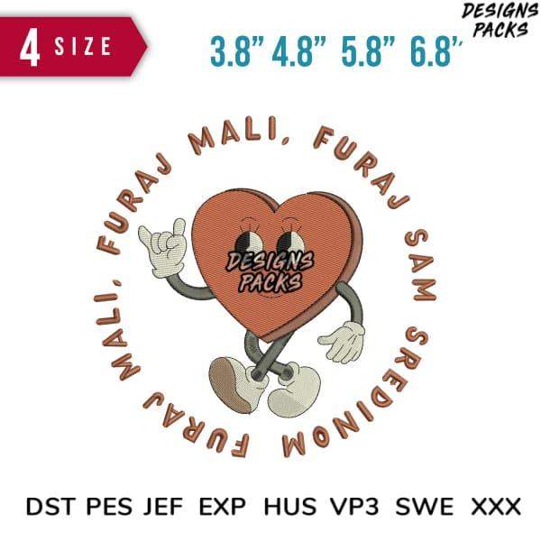 Heart character with 'Designs Packs' text, embroidery design in multiple sizes and formats