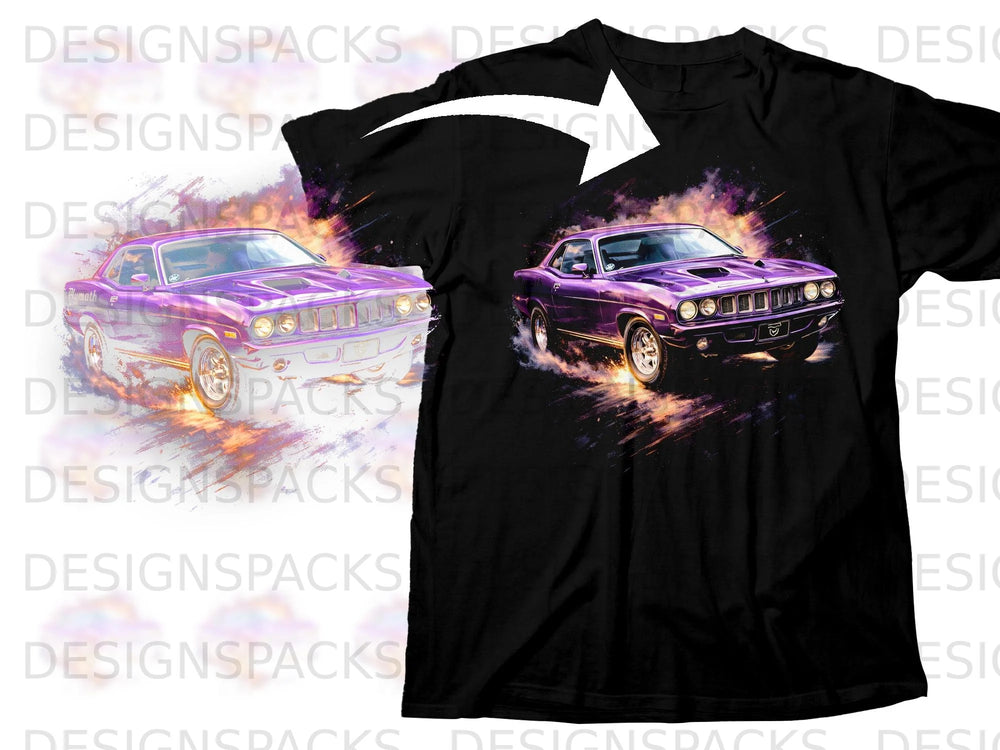 Black t-shirt with a purple classic car graphic, flames, and smoke.