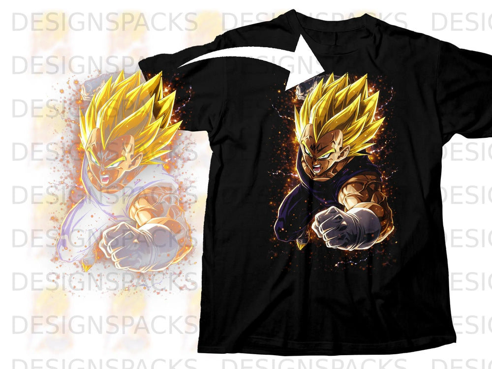 Black t-shirt with anime character Vegeta in an action pose.