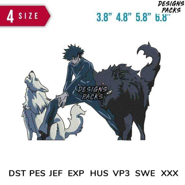 Anime character with wolves embroidery design in DST PES formats, 4 sizes available for instant download