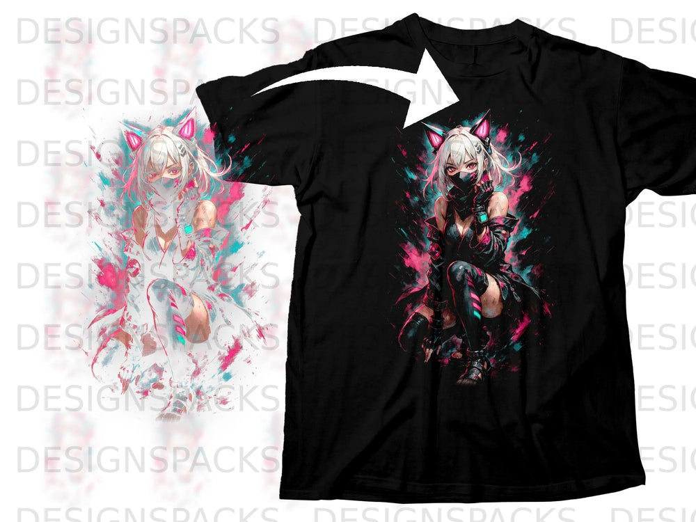 Black t-shirt with anime girl graphic featuring pink and teal abstract paint splatters.