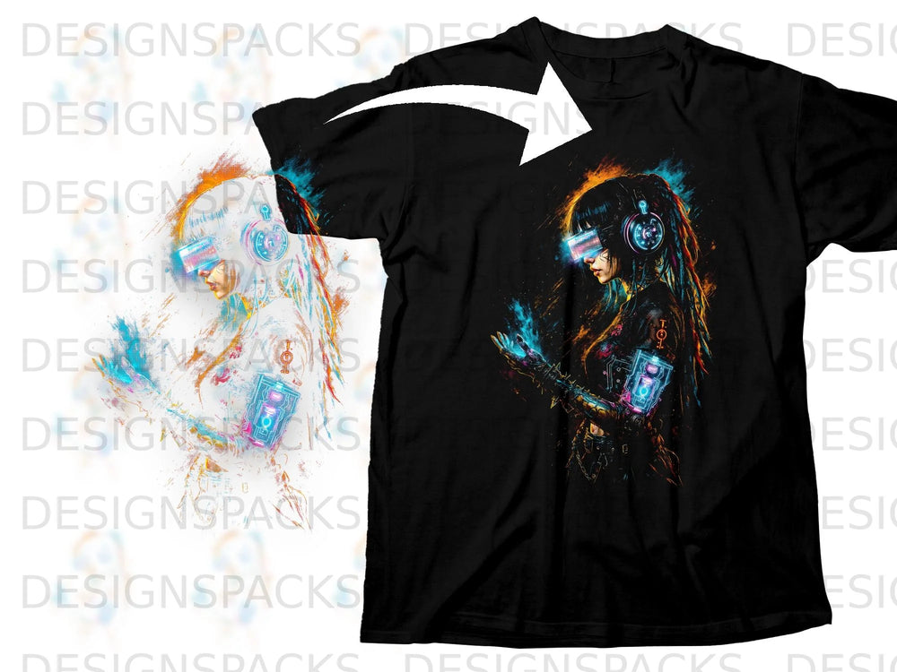 Black t-shirt featuring a vibrant cyberpunk anime-style woman with VR headset and headphones.