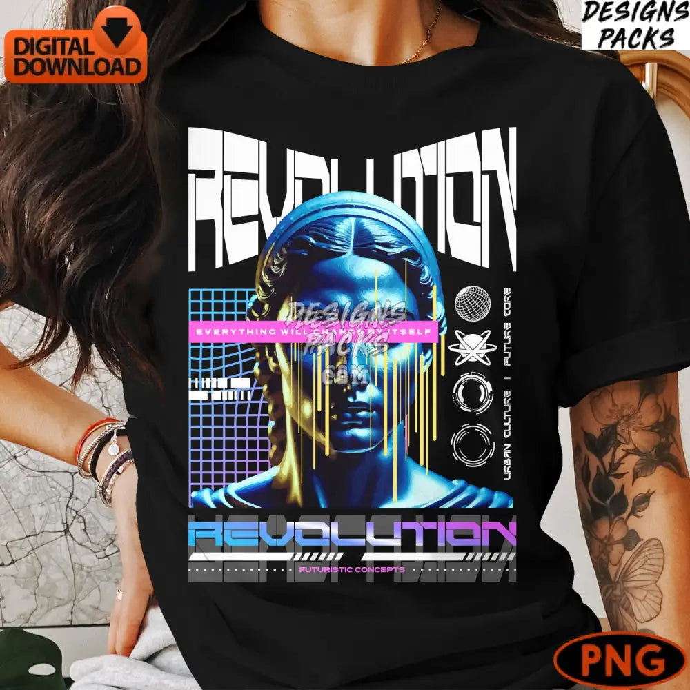 Futuristic Art Print Neon Blue And Gold Statue Digital Download Modern Aesthetic