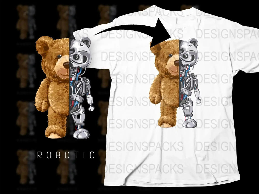 Futuristic Teddy Bear Half Robot Design Png Digital Download