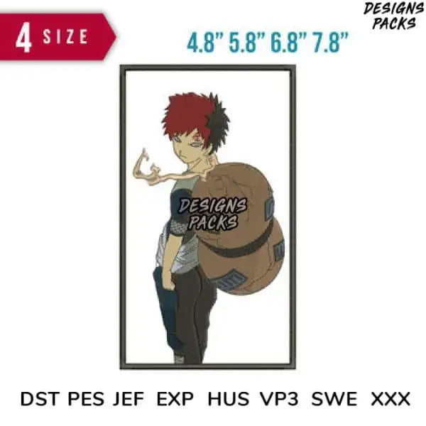 Gaara anime embroidery design in 4 sizes, DST PES JEF formats for instant download