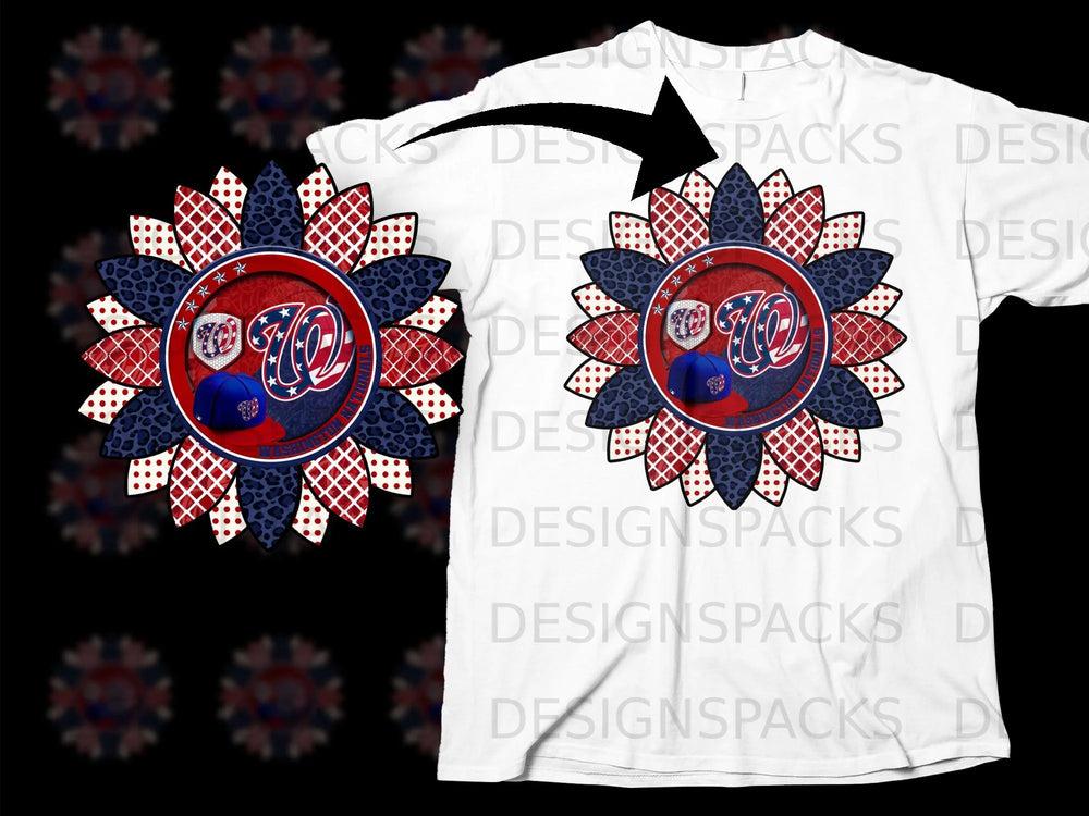 Washington Nationals sunflower design with baseball cap and patriotic patterns on white t-shirt.