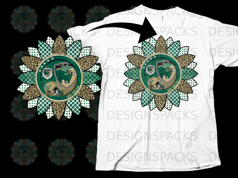 USF Bulls sunflower graphic with leopard and green checkered patterns.