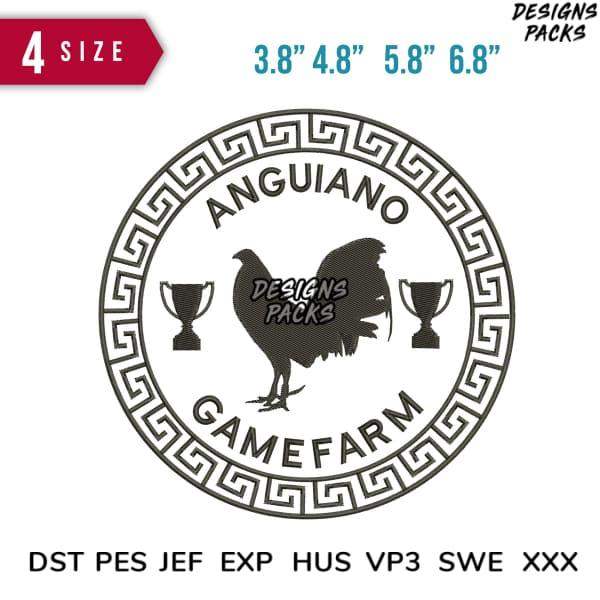 Anguiano Game Farm rooster design with trophies, available in multiple embroidery formats