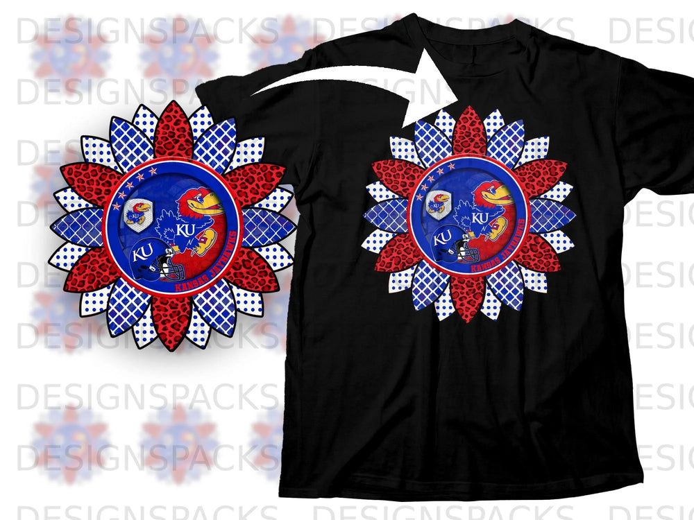 Sunflower graphic with Kansas Jayhawks logo and "KU" on a black t-shirt.