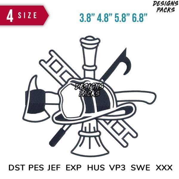 Firefighter helmet with crossed tools, embroidery design in DST PES formats for instant download