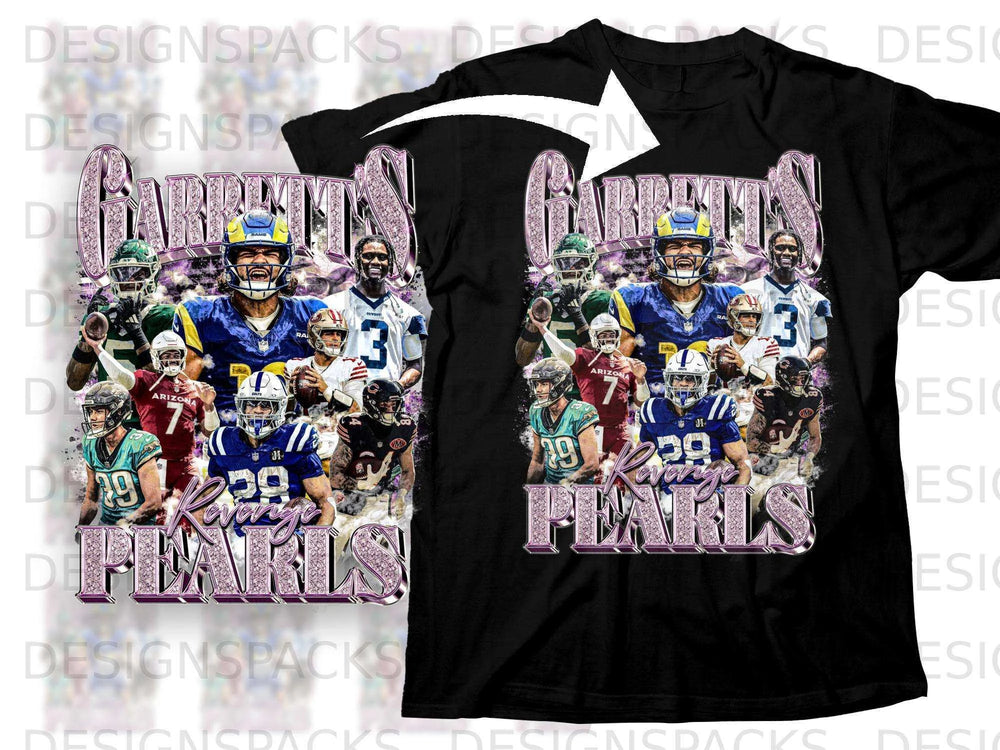 Arizona Cardinals players with "Pearls" text overlay on black t-shirt.