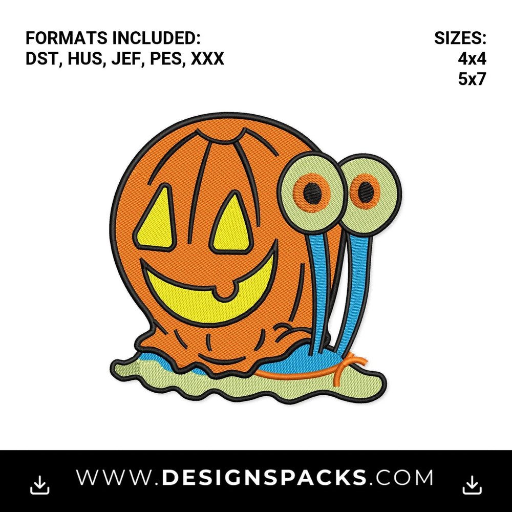 Gary Snail Halloween Pumpkin Embroidery Design - Instant digital download pattern at Designspacks.com