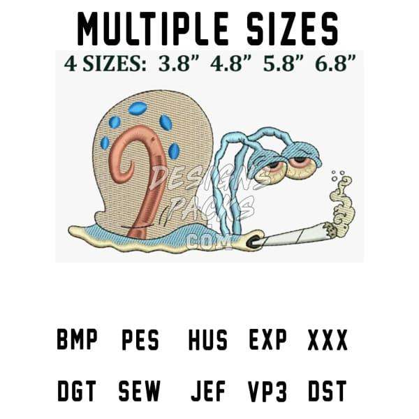 Funny snail embroidery design with multiple sizes, available in PES, DST, EXP formats for machine embroidery