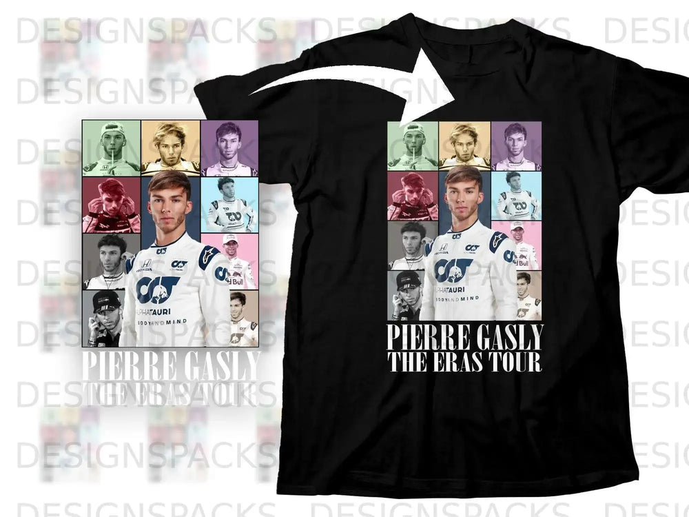 Black t-shirt with collage of Pierre Gasly's racing photos and "Pierre Gasly The Eras Tour" text.