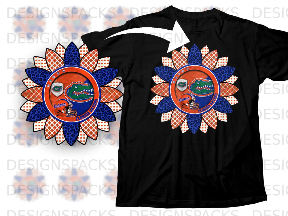 Florida Gators sunflower design with football helmet and text on black t-shirt.