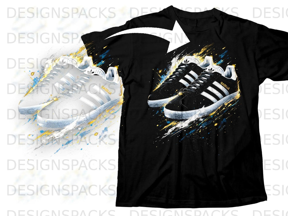 Black t-shirt with white and black Adidas Gazelle sneakers and paint splatters.