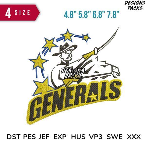 Generals embroidery design with cowboy on horse, stars, sword — available in 4 sizes & multiple formats