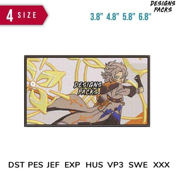 Anime-style embroidery design with golden accents, available in PES, DST, EXP formats for instant download