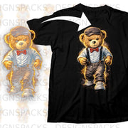 Black t-shirt with a graphic of a teddy bear wearing a cap, suspenders, and bow tie.