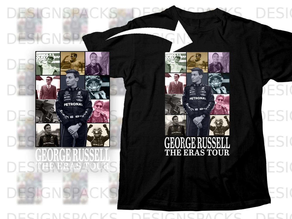 George Russell portrait collage with text "George Russell The Eras Tour".