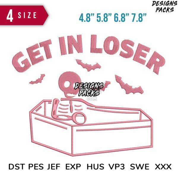 Halloween embroidery design: skeleton in coffin with 'GET IN LOSER' text, bats, 4 sizes, DST PES formats