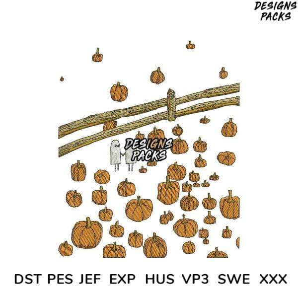 Pumpkin patch embroidery design with wooden fence, available in DST PES JEF formats for instant download