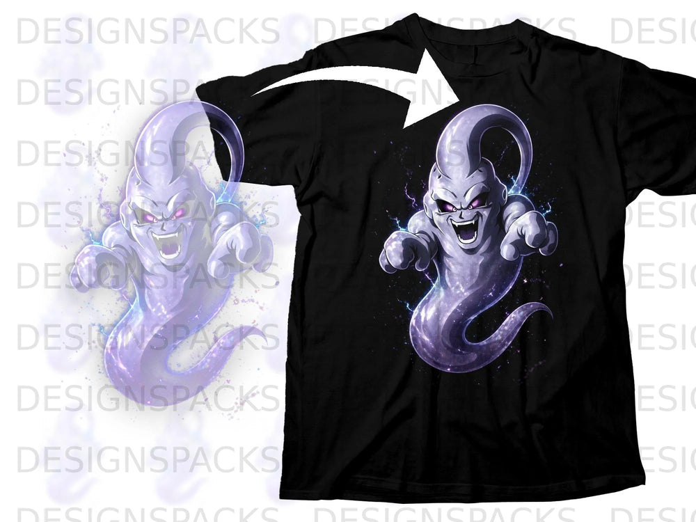Black t-shirt featuring a purple, animated character with glowing eyes and outstretched hands.