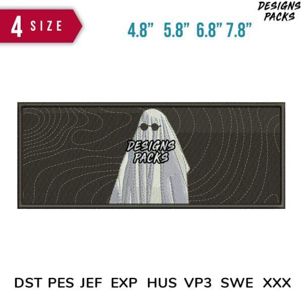 Ghost embroidery design in 4 sizes, print-ready PES & DST formats for Halloween apparel