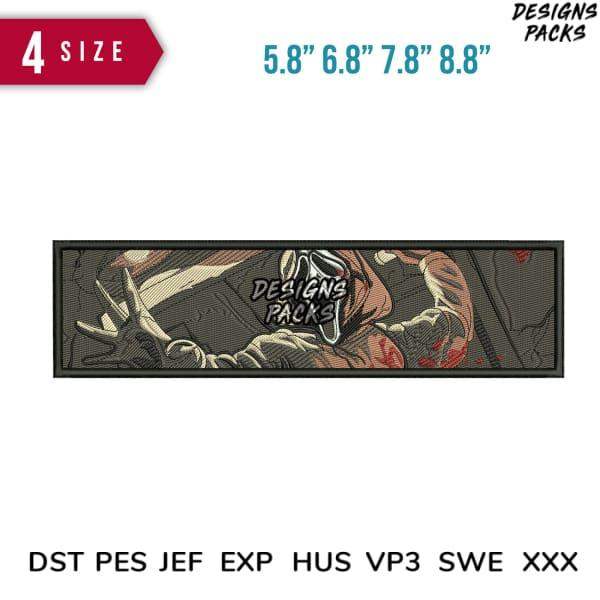 Embroidery design featuring horror-themed zombie hands with 'DESIGNS PACKS' text, available in 4 sizes and multiple formats.