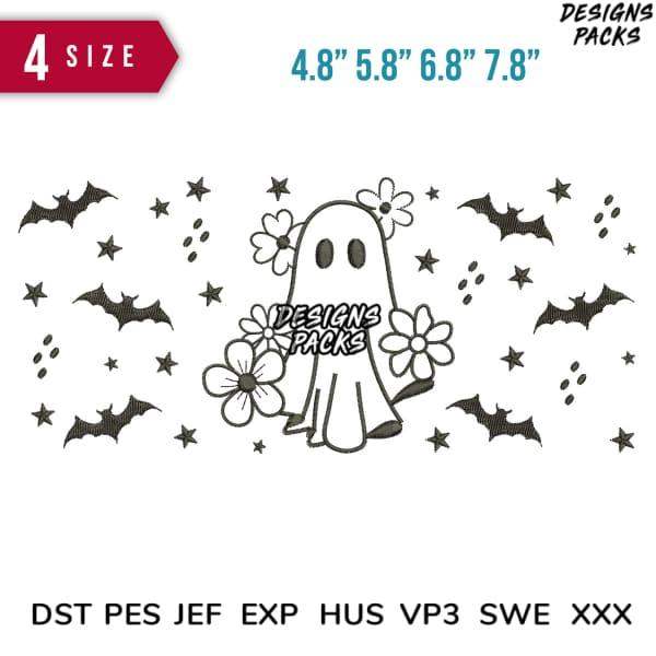 Cute ghost with flowers, bats, stars – embroidery design in 4 sizes, DST PES JEF formats