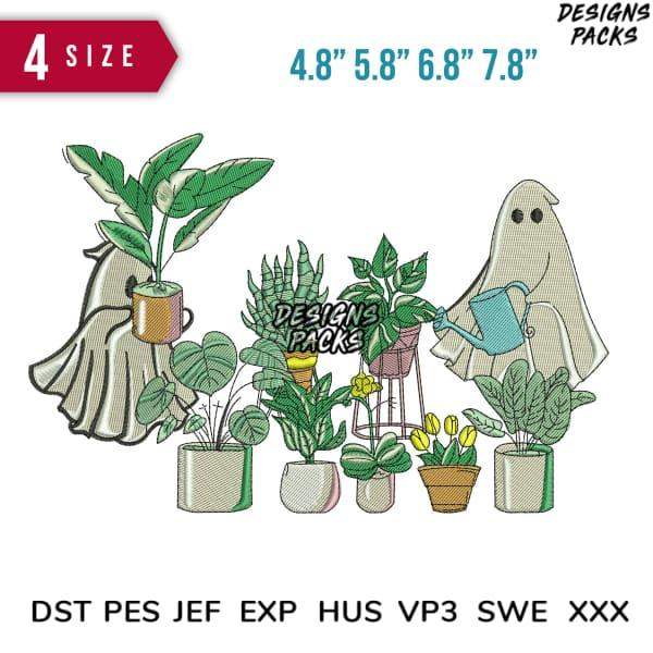 Ghost gardening with potted plants, embroidery design in 4 sizes, DST PES JEF formats