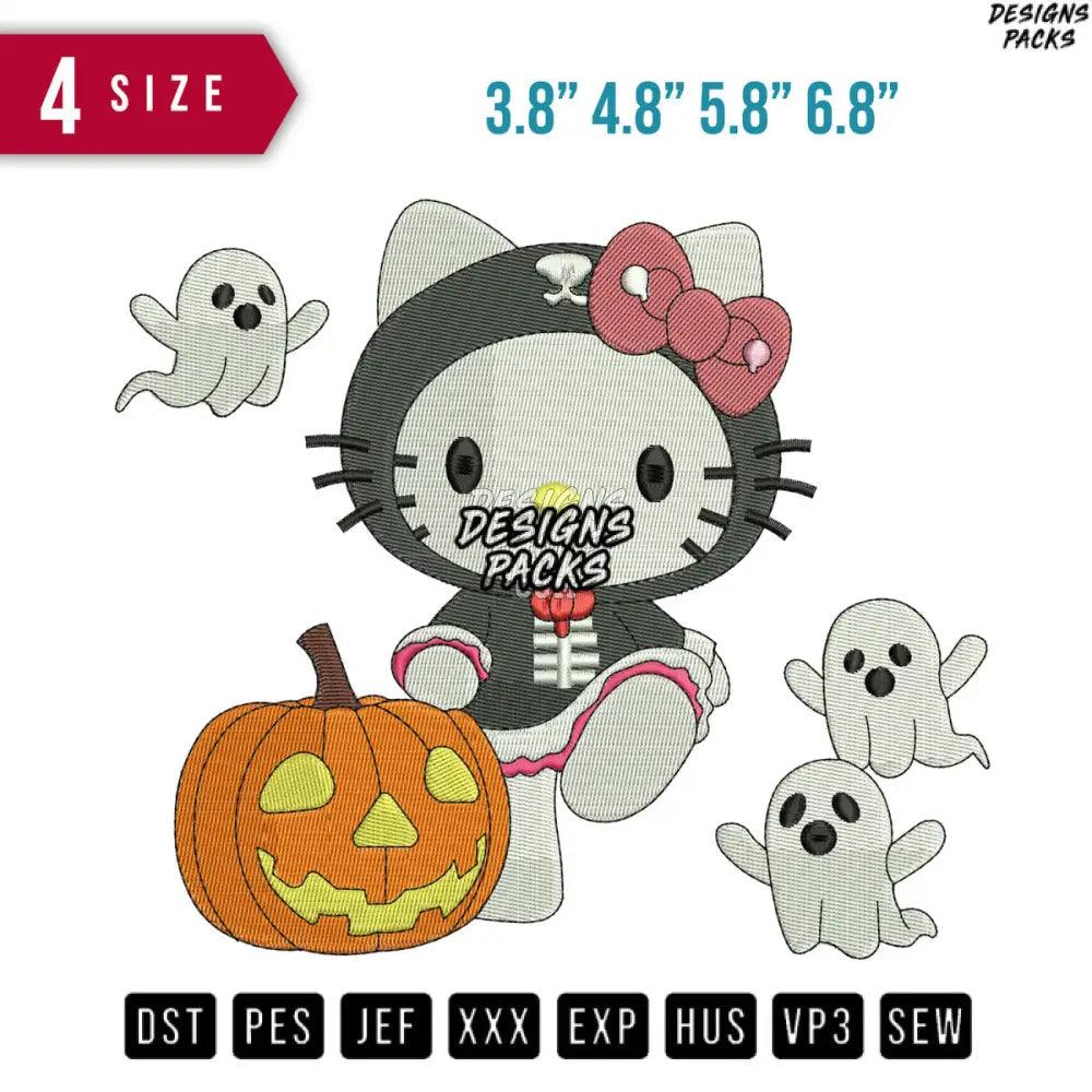 Ghost Pumpkin Hello kitty Halloween Embroidery Design