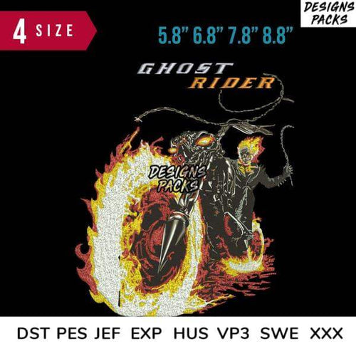 Ghost Rider motorcycle design with flames, available in DTF/DTG and embroidery formats