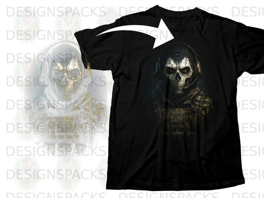 Black t-shirt with a skull wearing headphones and tactical gear graphic.