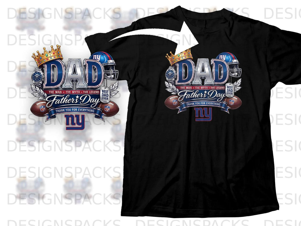 Black t-shirt with "DAD THE MAN THE MYTH THE LEGEND FATHER'S DAY BEST DAD EVER" graphic.