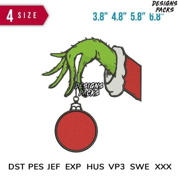 Grinch hand holding red ornament embroidery design in 4 sizes, DST PES JEF formats