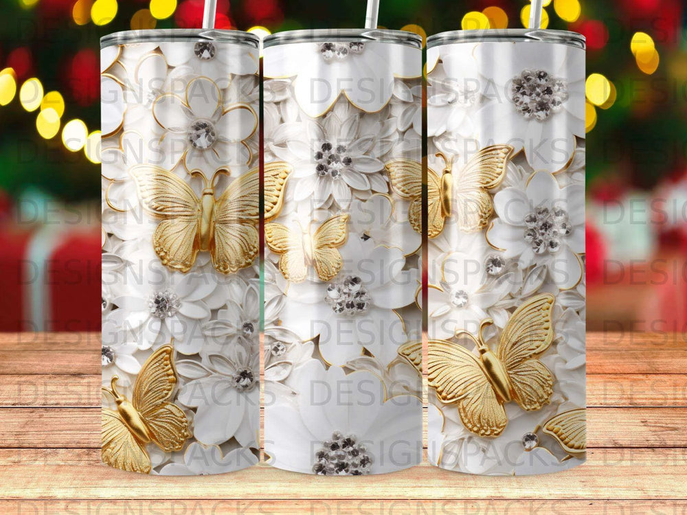 Gilded Floral & Butterfly Tumbler Digital Wrap Design