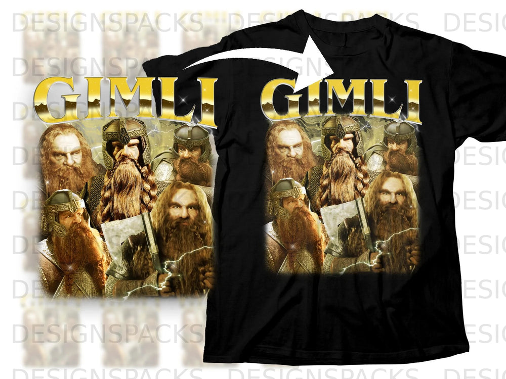 Black t-shirt with gold "Gimli" text and multiple dwarf characters.